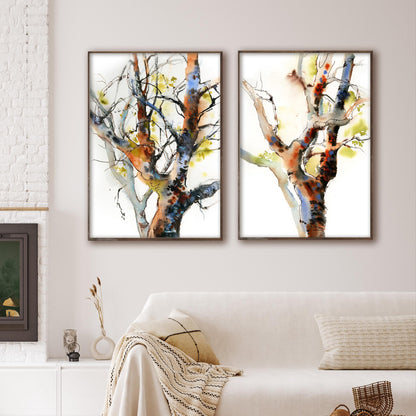 Colorful Trees 2 Art Prints Set, Tree Watercolor Painting, Set of 2 Fine Art Prints, Woodland Living Room Decor, Nature Watercolor Prints