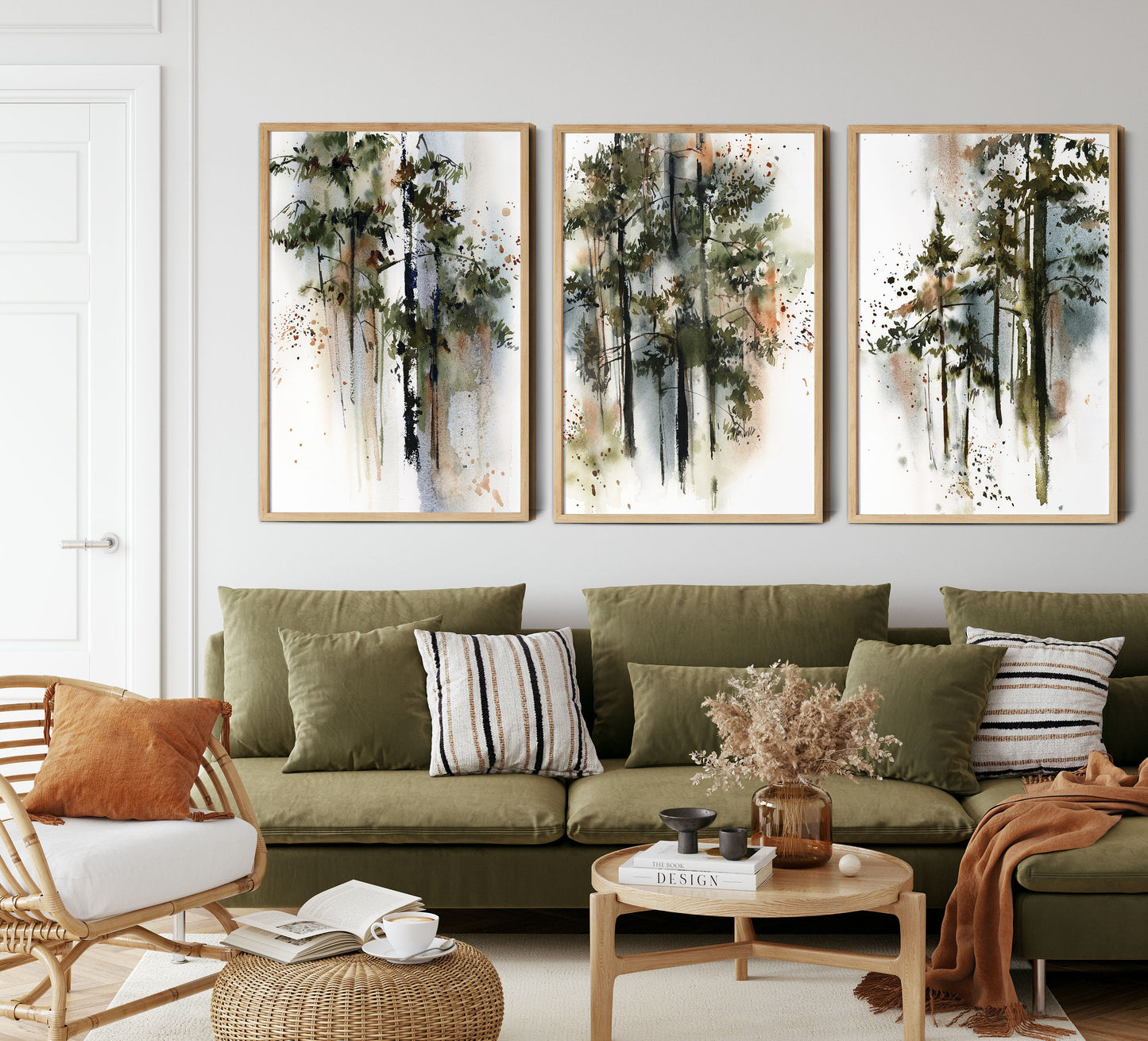 Pine Trees Forest 3 Fine Art Prints Wall Decor, Woodland Wall Art 3 Pieces Gallery Wall, Green Nature Art, Pine Forest Watercolor Paintings
