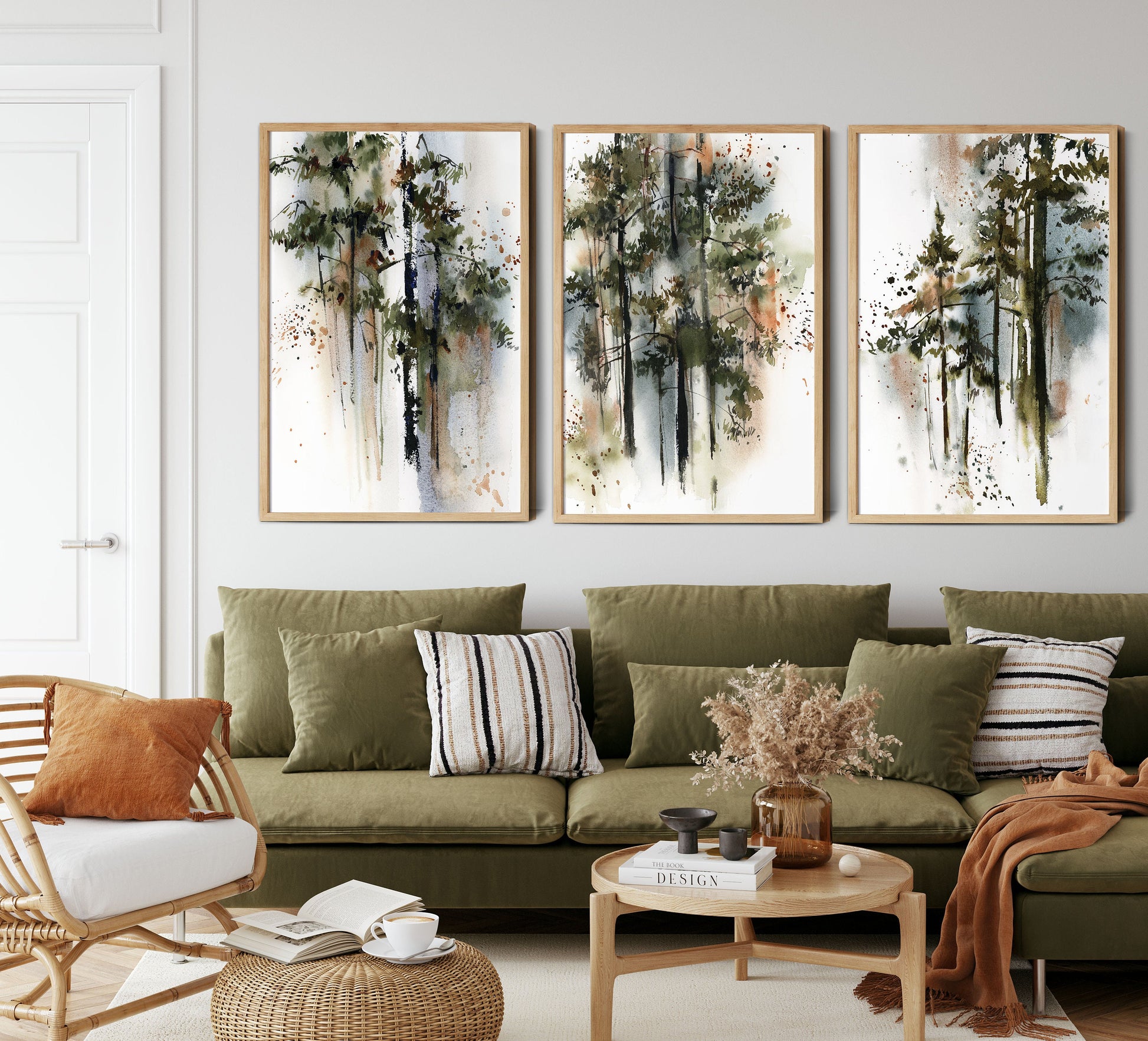 Pine Trees Forest 3 Fine Art Prints Wall Decor, Woodland Wall Art 3 Pieces Gallery Wall, Green Nature Art, Pine Forest Watercolor Paintings