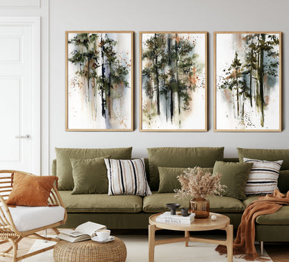 Pine Trees Forest 3 Fine Art Prints Wall Decor, Woodland Wall Art 3 Pieces Gallery Wall, Green Nature Art, Pine Forest Watercolor Paintings