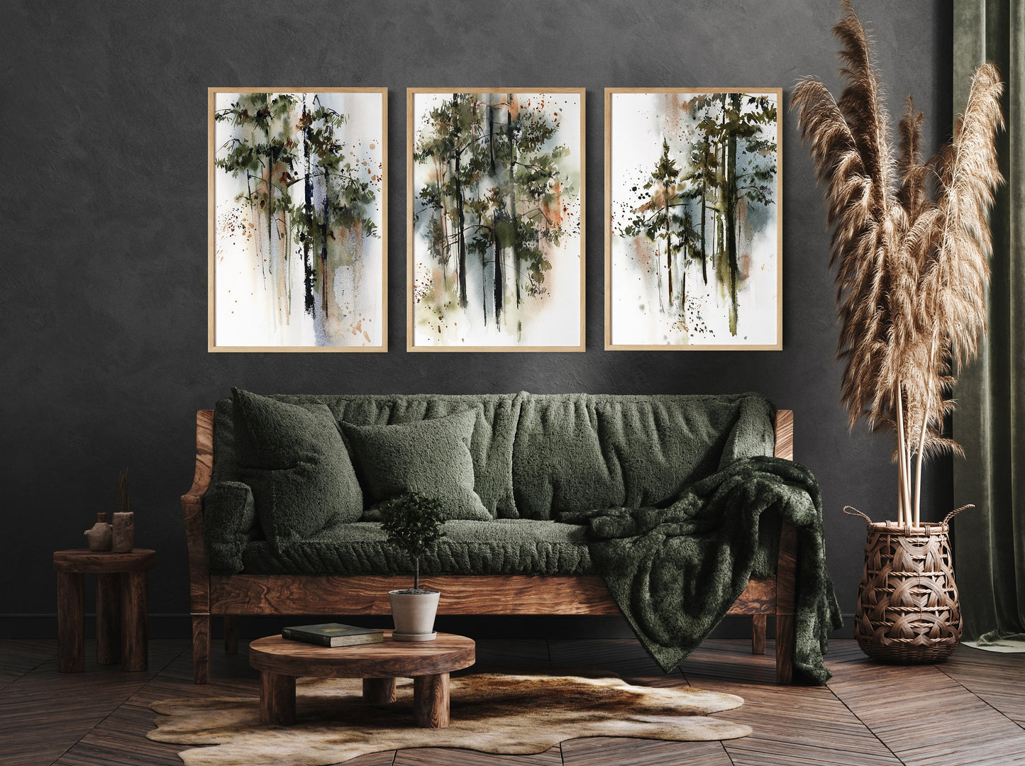 Pine Trees Forest 3 Fine Art Prints Wall Decor, Woodland Wall Art 3 Pieces Gallery Wall, Green Nature Art, Pine Forest Watercolor Paintings