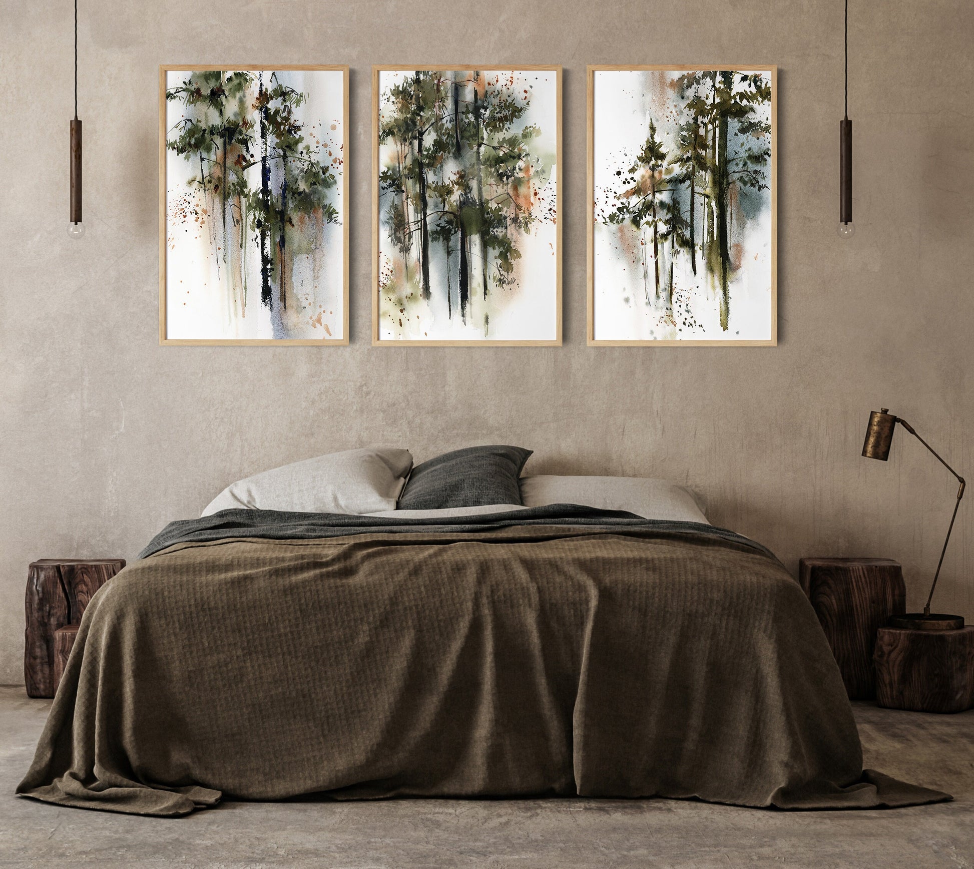 Pine Trees Forest 3 Fine Art Prints Wall Decor, Woodland Wall Art 3 Pieces Gallery Wall, Green Nature Art, Pine Forest Watercolor Paintings