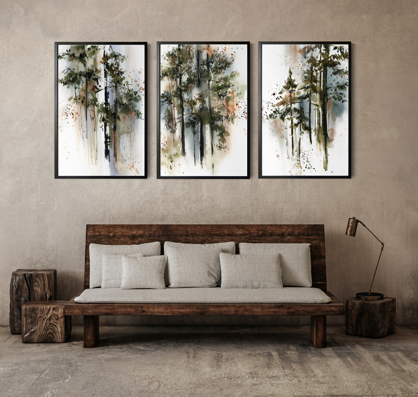 Pine Trees Forest 3 Fine Art Prints Wall Decor, Woodland Wall Art 3 Pieces Gallery Wall, Green Nature Art, Pine Forest Watercolor Paintings