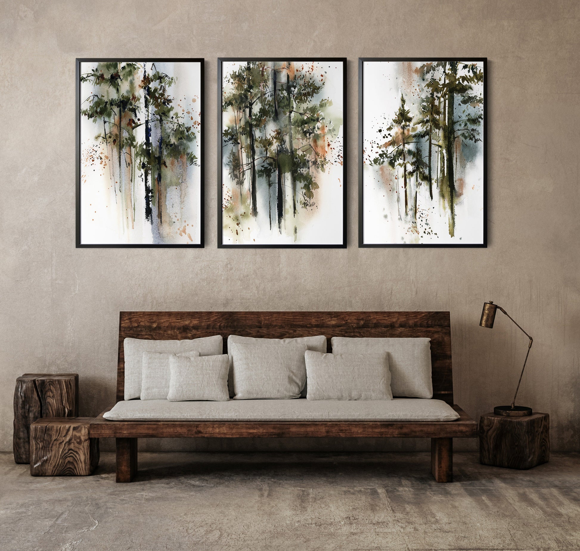 Pine Trees Forest 3 Fine Art Prints Wall Decor, Woodland Wall Art 3 Pieces Gallery Wall, Green Nature Art, Pine Forest Watercolor Paintings