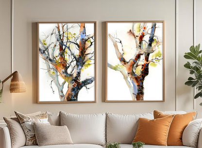 Colorful Trees 2 Art Prints Set, Tree Watercolor Painting, Set of 2 Fine Art Prints, Woodland Living Room Decor, Nature Watercolor Prints